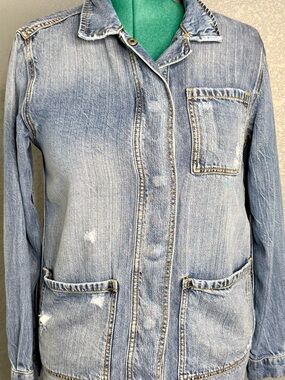 Kut from the Kloth Light Wash Denim Jacket Size S Distressed Utility Button